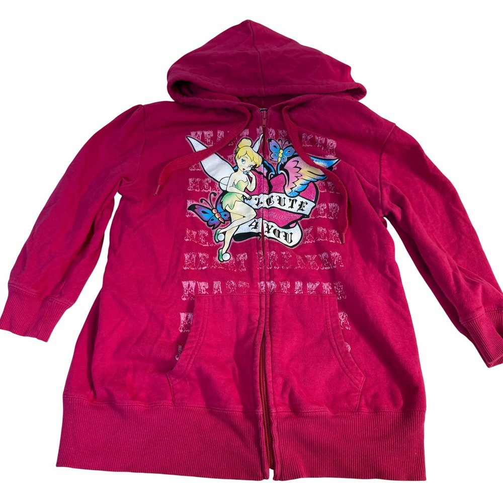 Y2K Disney Tinker Bell Butterfly Tattoo Full Zip Pink Girls Hoodie L Sweatshirt